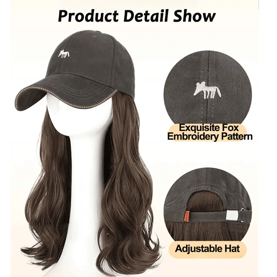 18' All-In-One Wavy Baseball Hat Wig With Cartoon Fox Embroidery Body Wave Synthetic Hair Wig With Adjustable Hat For Daily Use