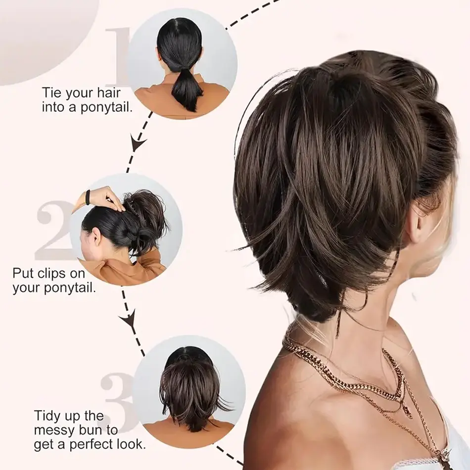 Black Short Claw Clip Synthetic Ponytail Hair Extensions Bendable Messy Bun Hair Piece Wavy Curly Synthetic Hairpieces For Lady