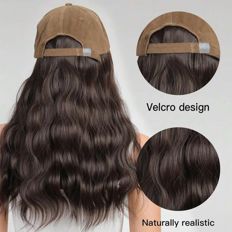 18' All-In-One Wavy Baseball Hat Wig With Cartoon Fox Embroidery Body Wave Synthetic Hair Wig With Adjustable Hat For Daily Use