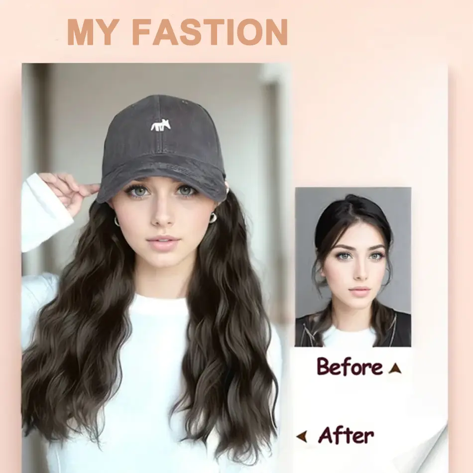 18' All-In-One Wavy Baseball Hat Wig With Cartoon Fox Embroidery Body Wave Synthetic Hair Wig With Adjustable Hat For Daily Use