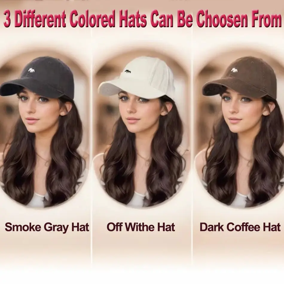 18' All-In-One Wavy Baseball Hat Wig With Cartoon Fox Embroidery Body Wave Synthetic Hair Wig With Adjustable Hat For Daily Use