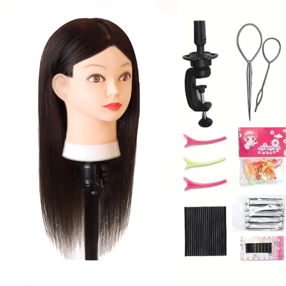 Real Hair Mannequin Head with 100% Human Hair Cosmetology Training Head With Stand for Hairdresser Dyeing Curling Straightening