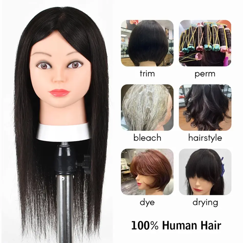 Real Hair Mannequin Head with 100% Human Hair Cosmetology Training Head With Stand for Hairdresser Dyeing Curling Straightening