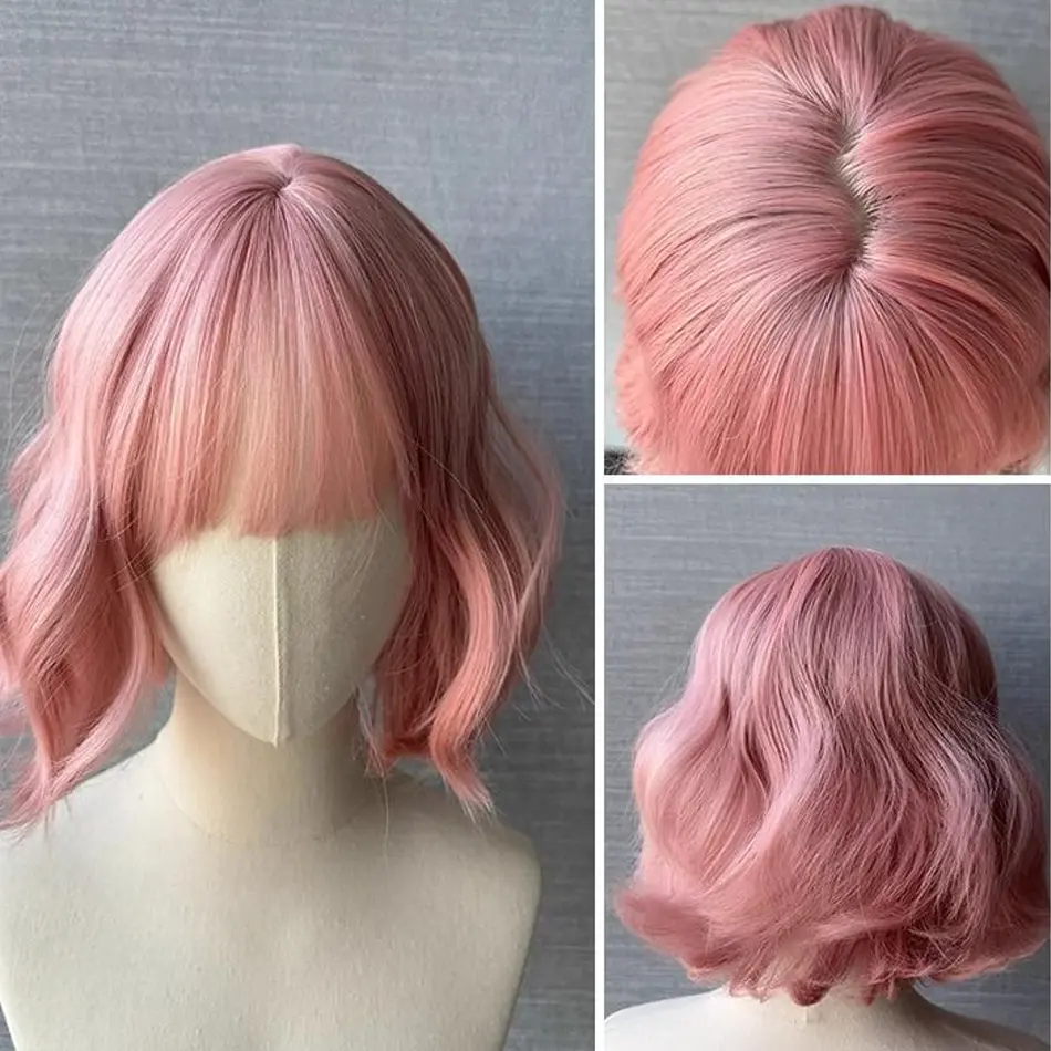 12Inch Short Curly Synthetic BOB Wig With Lace Part Pink Water Curly BOB Wig With Bangs Machine Made BOB Wig Cosplay Party Daily