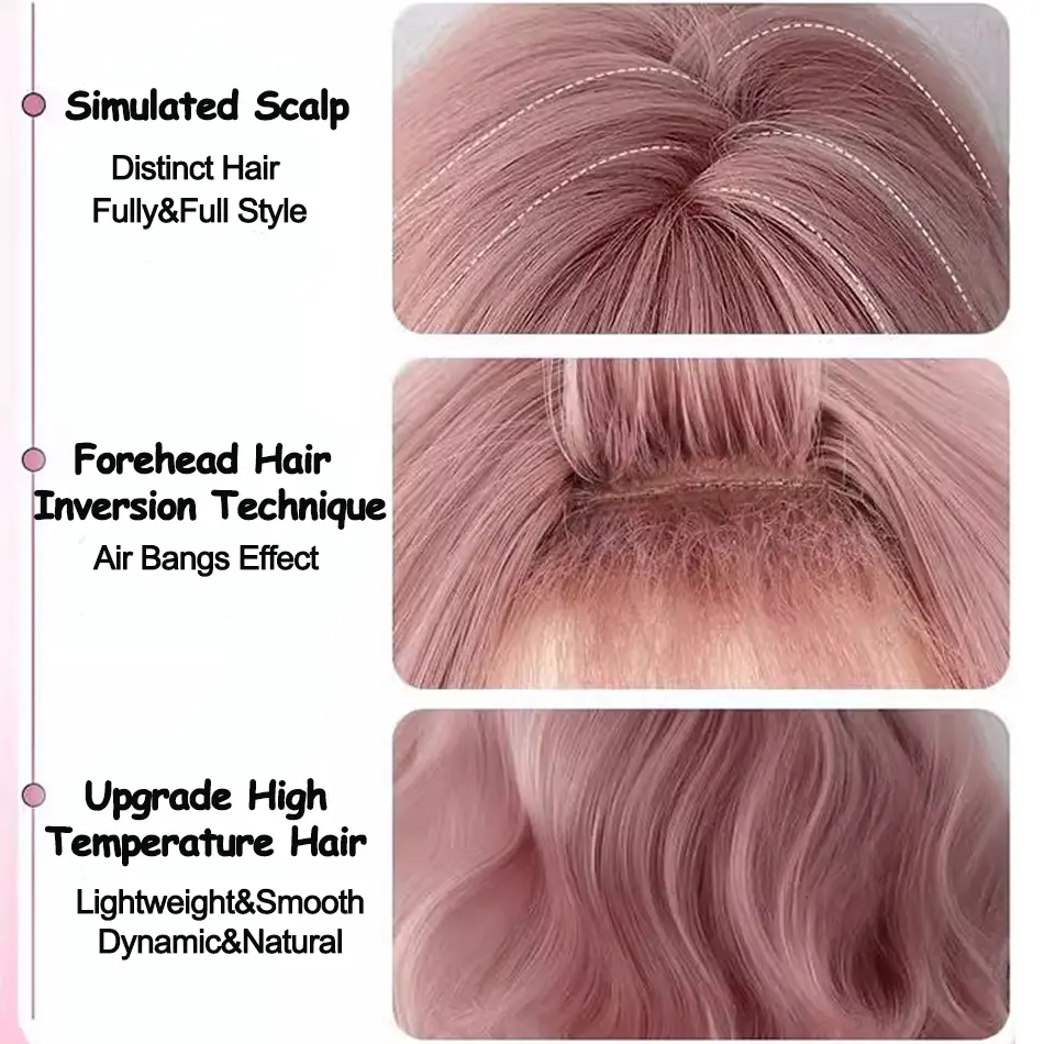 12Inch Short Curly Synthetic BOB Wig With Lace Part Pink Water Curly BOB Wig With Bangs Machine Made BOB Wig Cosplay Party Daily
