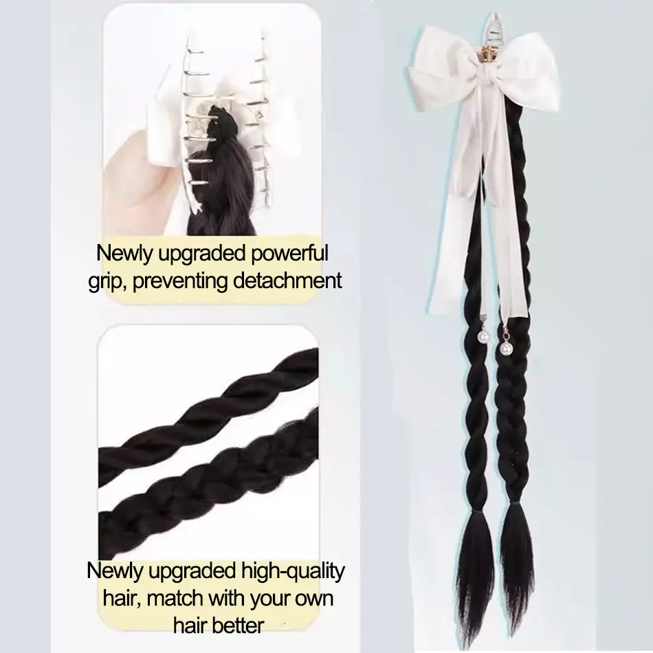 18Inch Synthetic Claw Clip Ponytail With Bow High Ponytail Twist Braids Hair Extensions Cute Braiding Hair For Women