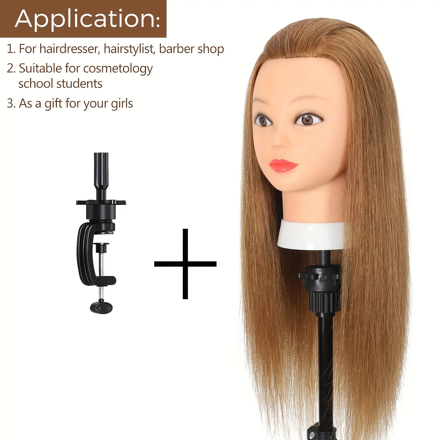 100% Real Human Hair Cosmetology Mannequin Head With Clamp Holder DIY Hairdressing Training Braiding Doll Heads Set for Girls