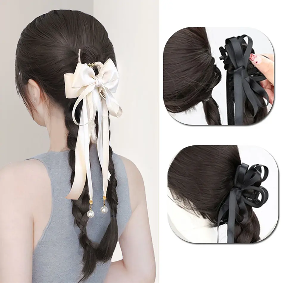 18Inch Synthetic Claw Clip Ponytail With Bow High Ponytail Twist Braids Hair Extensions Cute Braiding Hair For Women