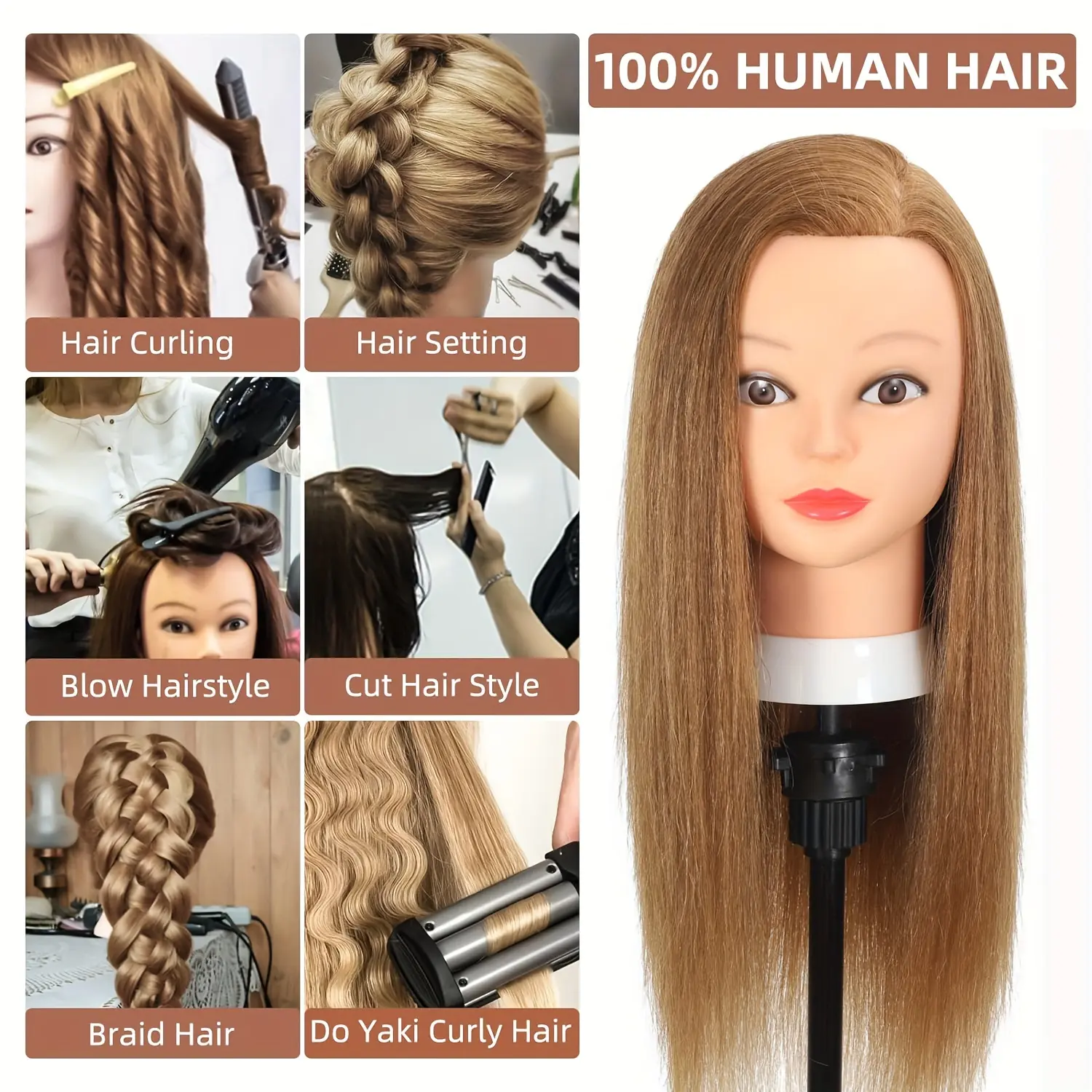 100% Real Human Hair Cosmetology Mannequin Head With Clamp Holder DIY Hairdressing Training Braiding Doll Heads Set for Girls