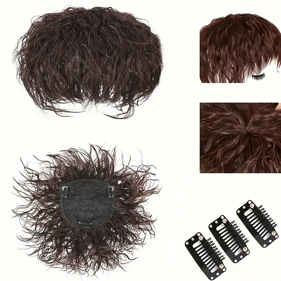 3D Bangs Invisible Short Curly Synthetic Topper Wigs Seamless Clip Ins Hair With 3 Clips Increase Hair Volume Cover White Hair