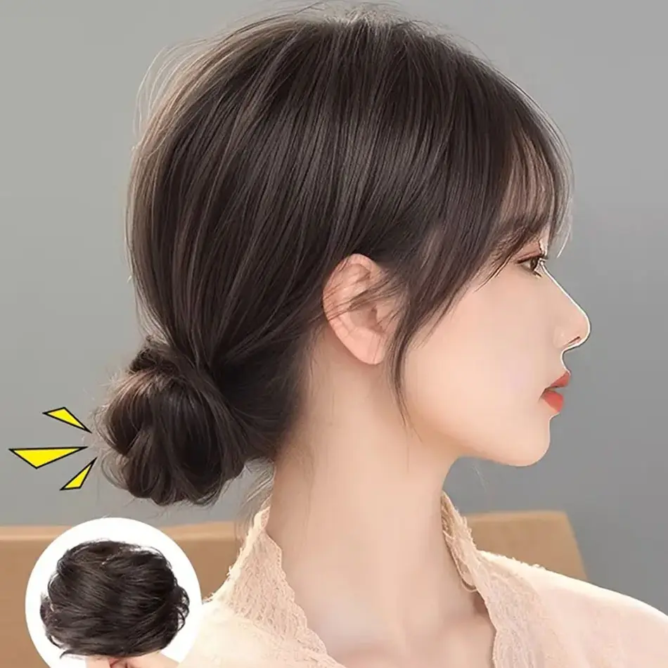 Easy Wear Synthetic Updo Wig Hair Elegant Straight Chignon Bun Hair With Rubber Band Heat Resistant Fiber Ponytail Hairpieces