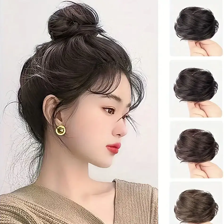 Easy Wear Synthetic Updo Wig Hair Elegant Straight Chignon Bun Hair With Rubber Band Heat Resistant Fiber Ponytail Hairpieces