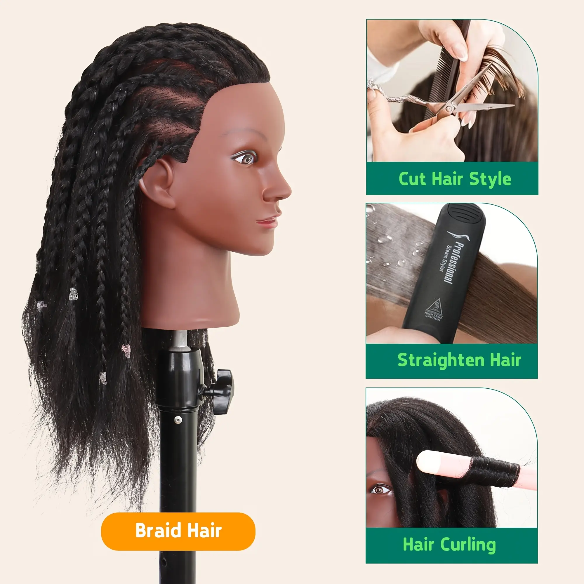 Mannequin Head With 100% Human Hair Yaki Hair Cosmetology Doll Head With Adjustable Stand For Practice Braiding Styling Training