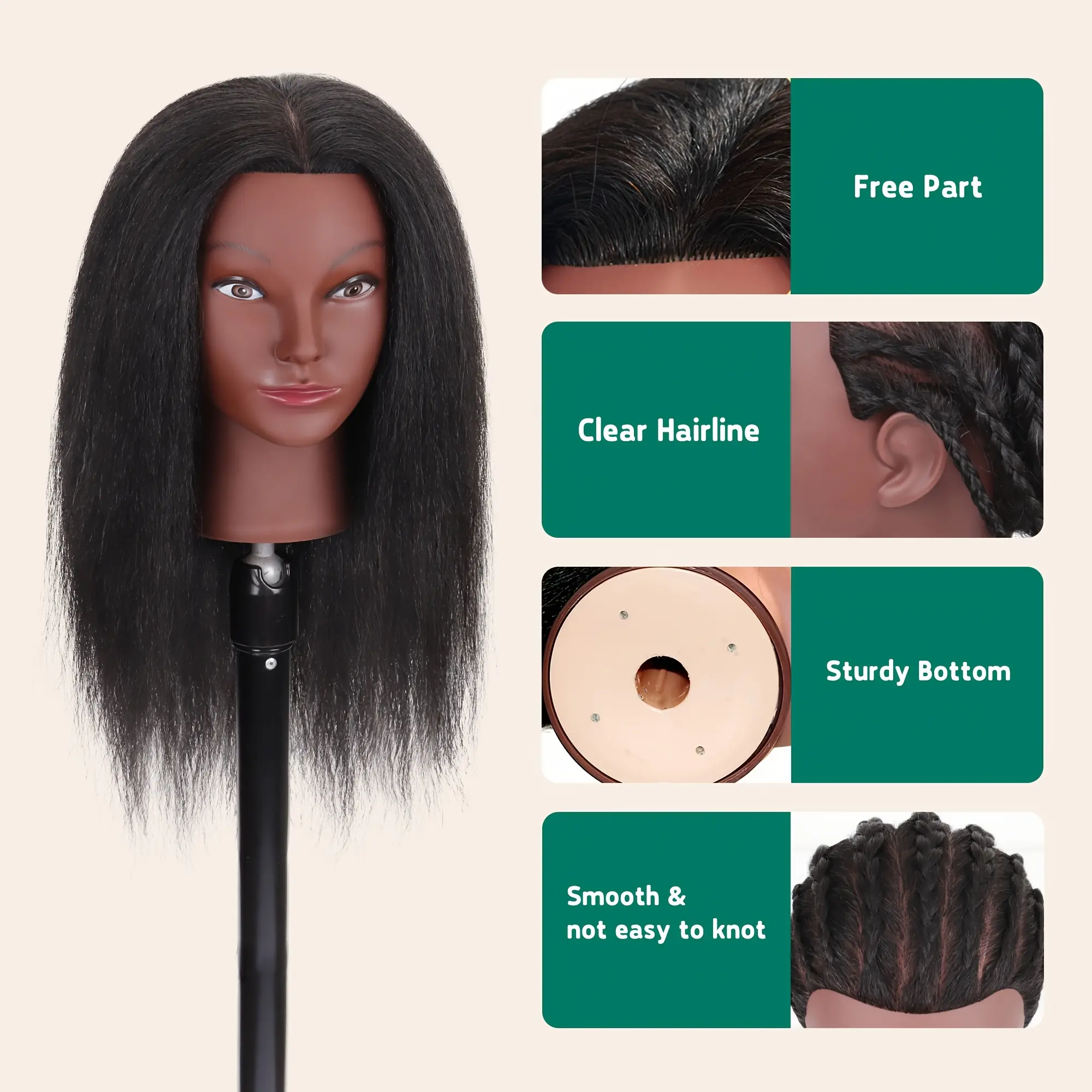 Mannequin Head With 100% Human Hair Yaki Hair Cosmetology Doll Head With Adjustable Stand For Practice Braiding Styling Training