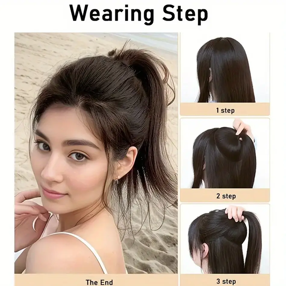 Straight Synthetic Hair Ponytail Extensions Brown Contracting Hair Bun With Grapefruit Skin Flower To Increase Hair Volume