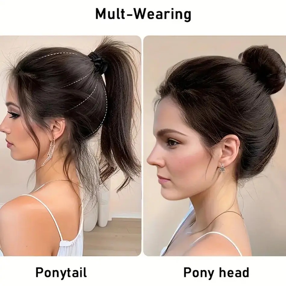 Straight Synthetic Hair Ponytail Extensions Brown Contracting Hair Bun With Grapefruit Skin Flower To Increase Hair Volume