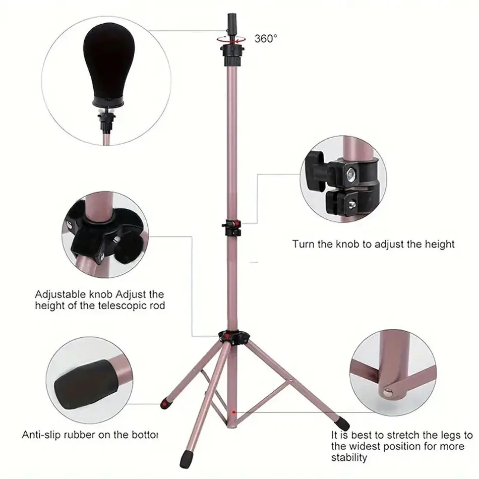 60-115CM Adjustable Wig Head Stand Pink Metal Mannequin Head Tripod Holder For Cosmetology Hairdressing Training Head Doll