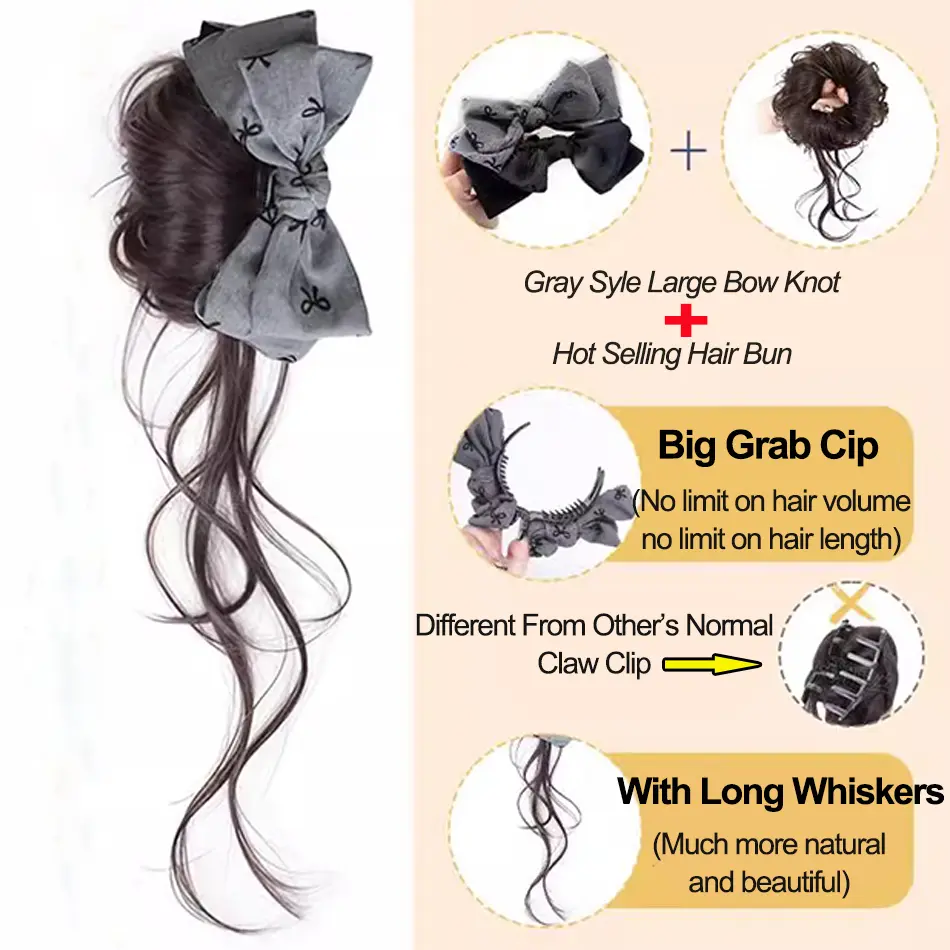 Synthetic Hair Bun Hair Extension With Bowknot Claw Clip Gray Style Messy Curly Chignon Ponytail Hairpieces With Long Whiskers