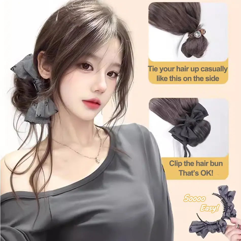 Synthetic Hair Bun Hair Extension With Bowknot Claw Clip Gray Style Messy Curly Chignon Ponytail Hairpieces With Long Whiskers