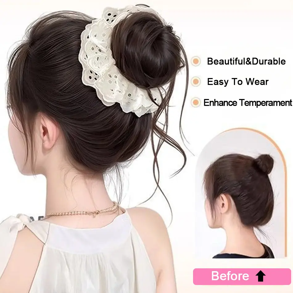 Elegant Simulation Flower Synthetic Bun Wig For Women Lace Hairband Flower Bud Hair Accessorie With Heat Resistant Fiber Chignon