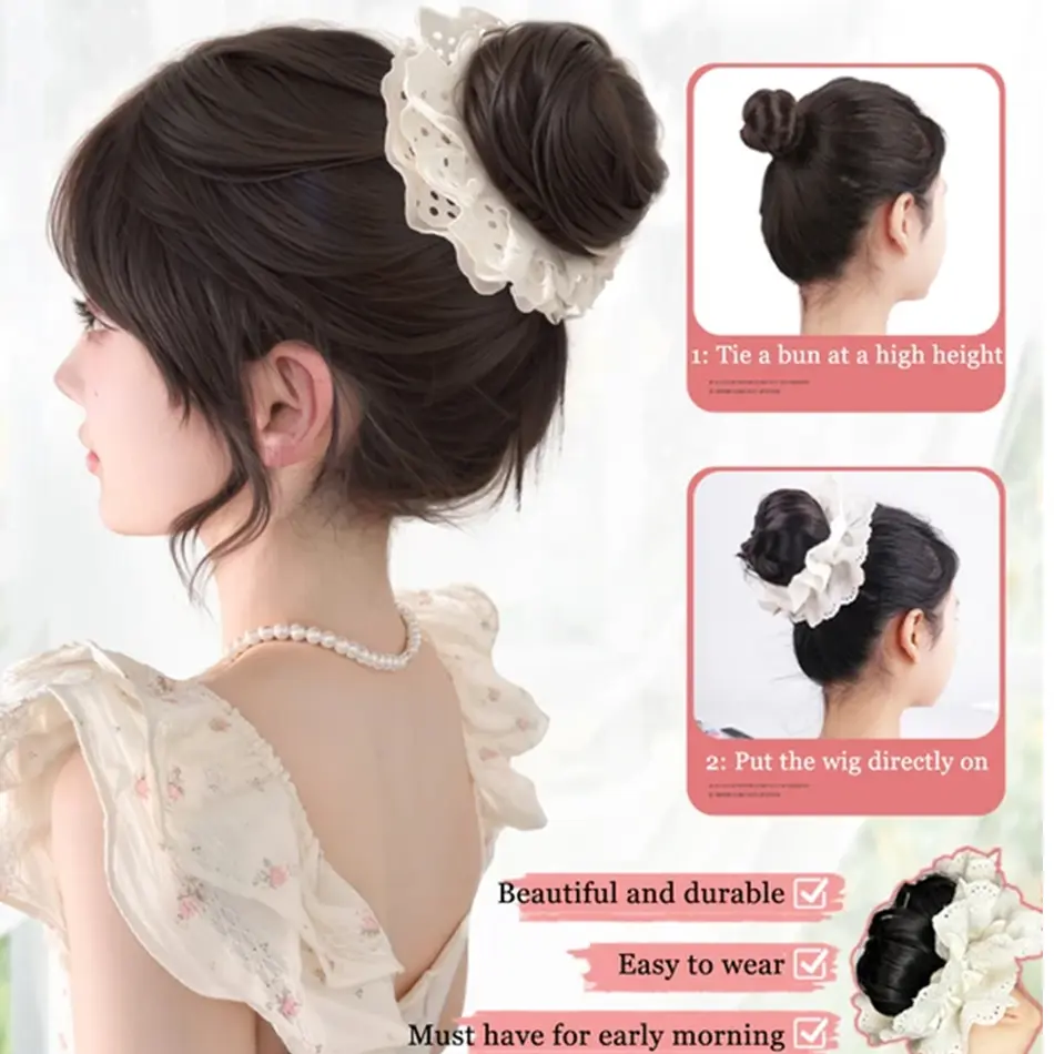 Elegant Simulation Flower Synthetic Bun Wig For Women Lace Hairband Flower Bud Hair Accessorie With Heat Resistant Fiber Chignon