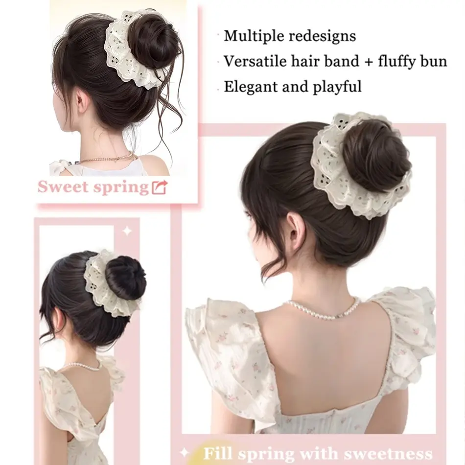 Elegant Simulation Flower Synthetic Bun Wig For Women Lace Hairband Flower Bud Hair Accessorie With Heat Resistant Fiber Chignon