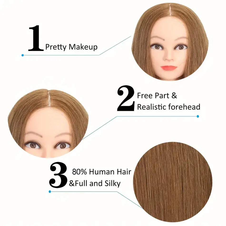 80% Real Mannequin Head with Human Hair For Hairdresser Curling Straightening Dyeing Braiding Hairdressing Mannequin Doll Heads