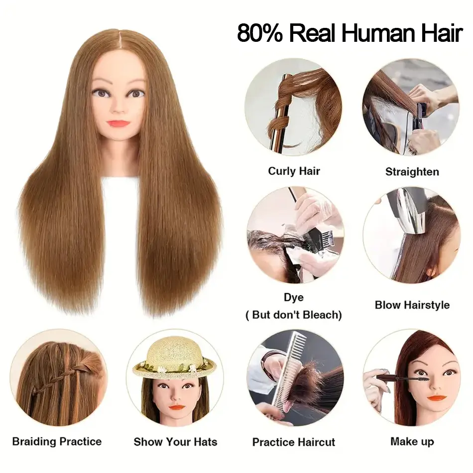 80% Real Mannequin Head with Human Hair For Hairdresser Curling Straightening Dyeing Braiding Hairdressing Mannequin Doll Heads