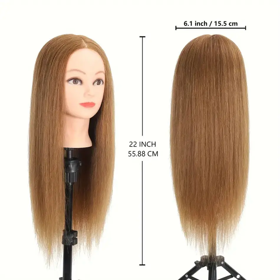 Long Mannequin Head with 80% Real Human Hair Cosmetology Manikin Head with Light Brown Hair for Salon and Hairstyling Practice