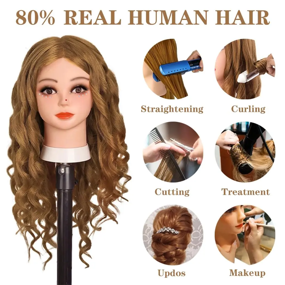 80% Real Hair Mannequin Head With 60cm Long Straight Hair for Makeup Training Hair Styling Practice #27 Cosmetology Manikin Head
