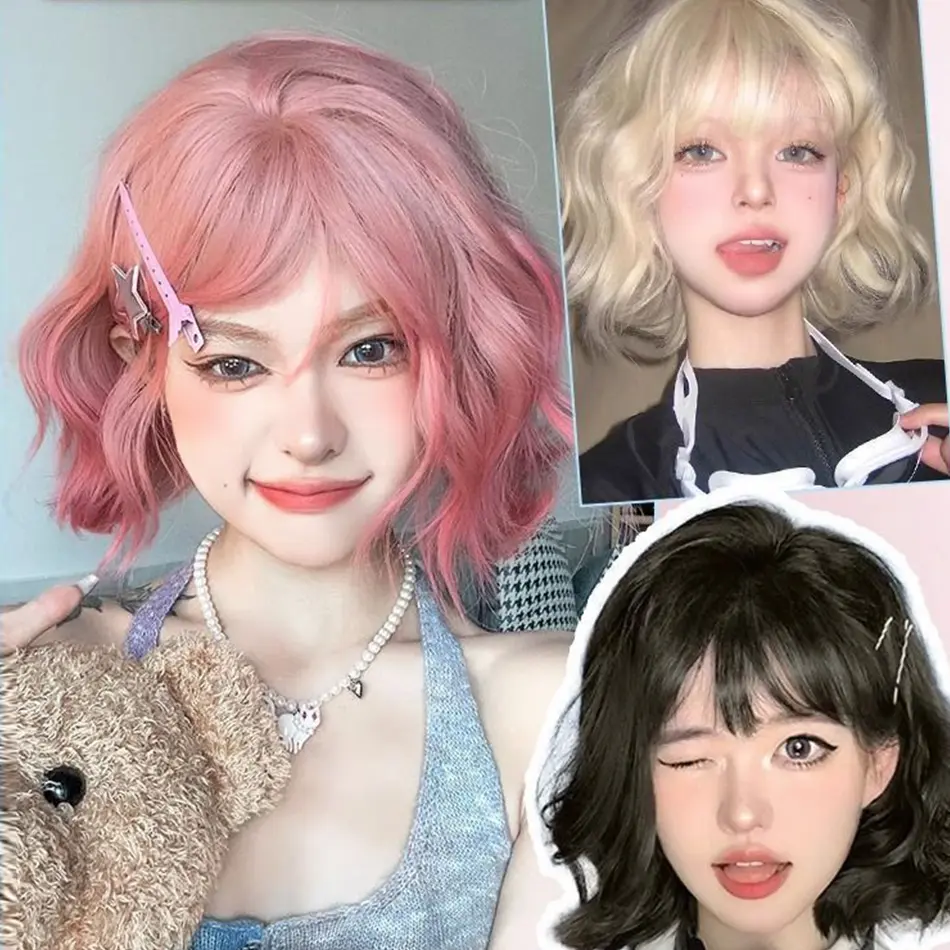 Cosplay Short Curly Synthetic Wig With Bangs Blonde Pink Water Wave Bob Wig With Natural Simulated Scalp 12‘ Heat Resistant Wig