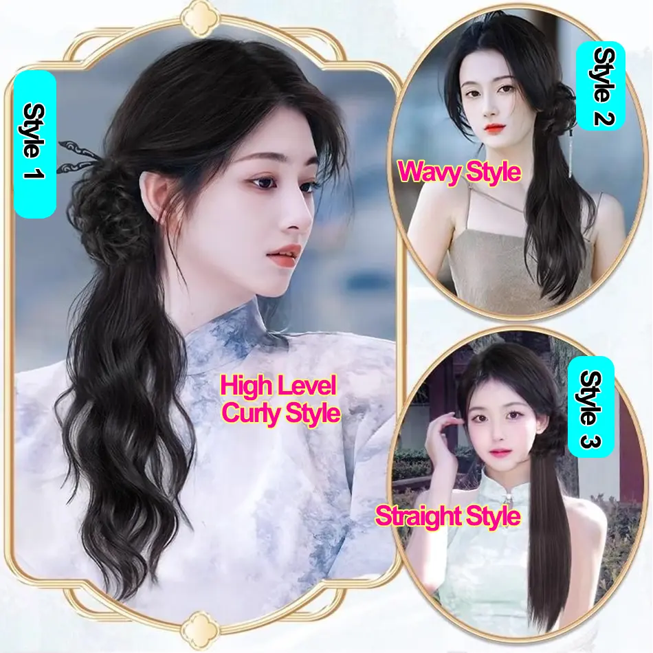 New Chinese Style Synthetic Wig Ponytail With Grasping Clip in Female Claw Clip Hairpieces Side Tied With Low Fluffy Ponytail