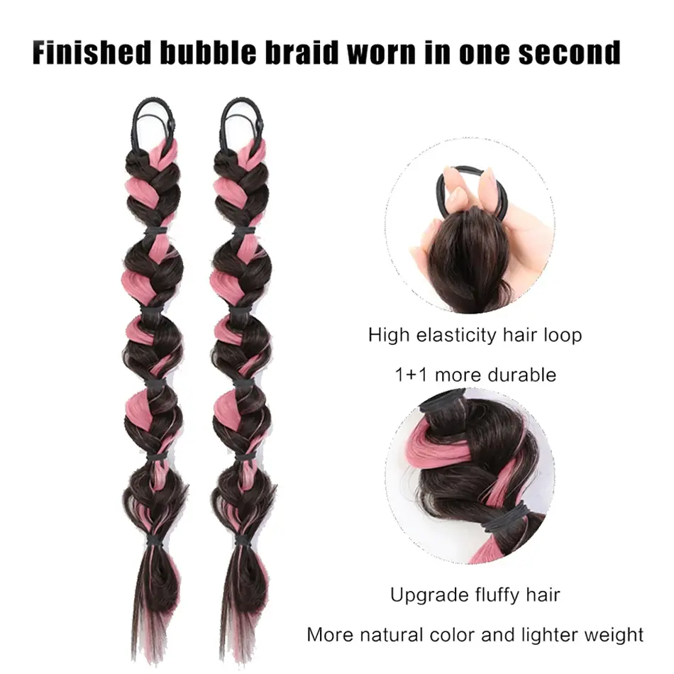 Synthetic Double Braid Wig Ponytail Highlights Colorful Ponytail Boxing Braid With Elastic Rubber Band Colorful Bubble Ponytail