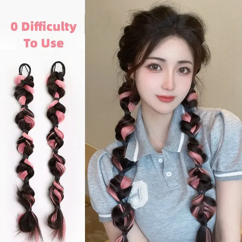 Synthetic Double Braid Wig Ponytail Highlights Colorful Ponytail Boxing Braid With Elastic Rubber Band Colorful Bubble Ponytail