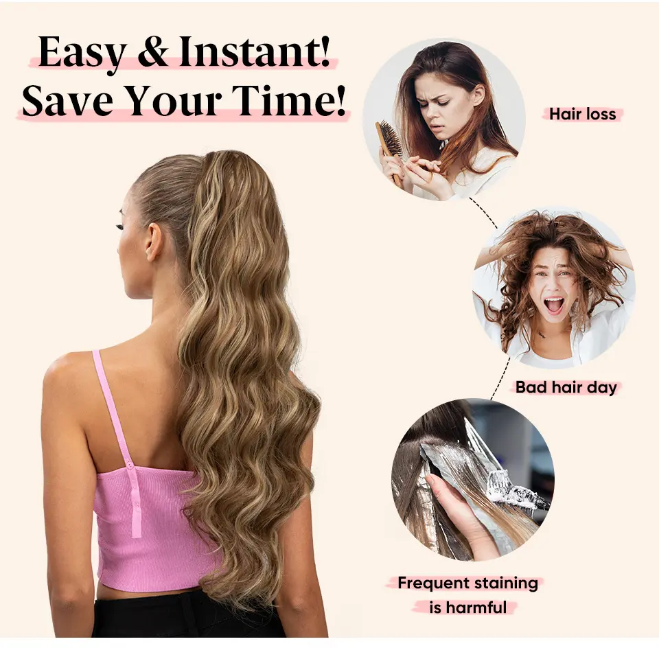 Highlight Claw Clip Synthetic Ponytail Hair Extension 24inch Long Body Wave Ponytail Wig With Mini Claw Clip For Women Daily Use