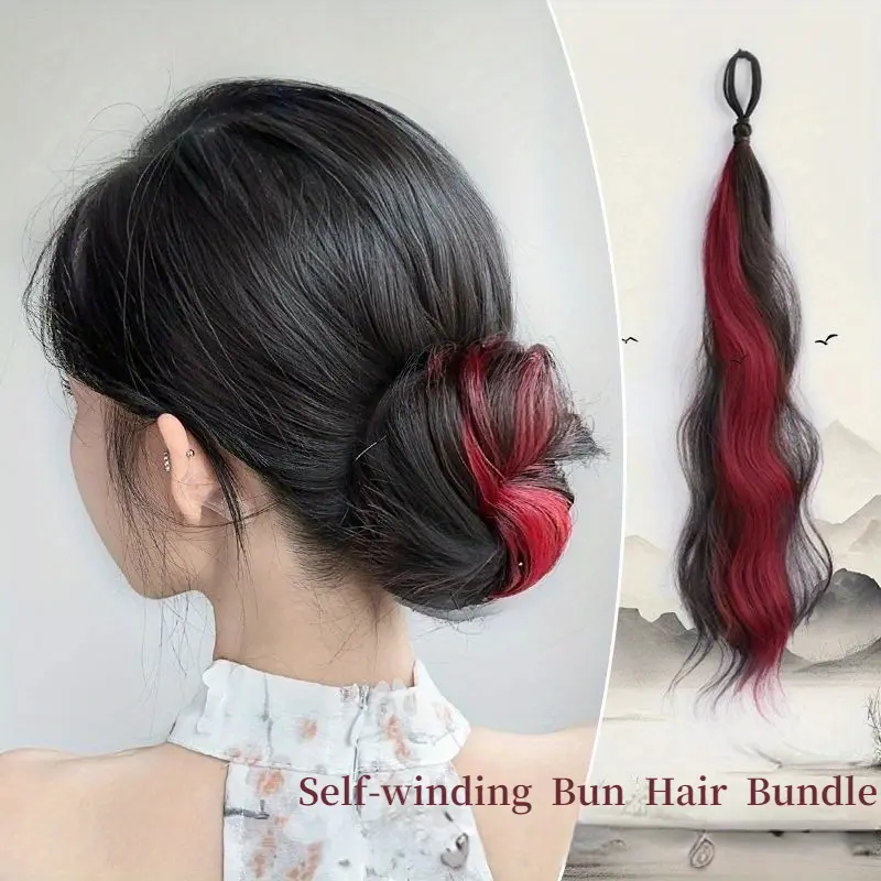 Highlight Synthetic Wavy Ponytail Hair Bundle Brown Black Self-winding Hair Bundle Extension Mixed Pink Natural Fluffy Hair Bun