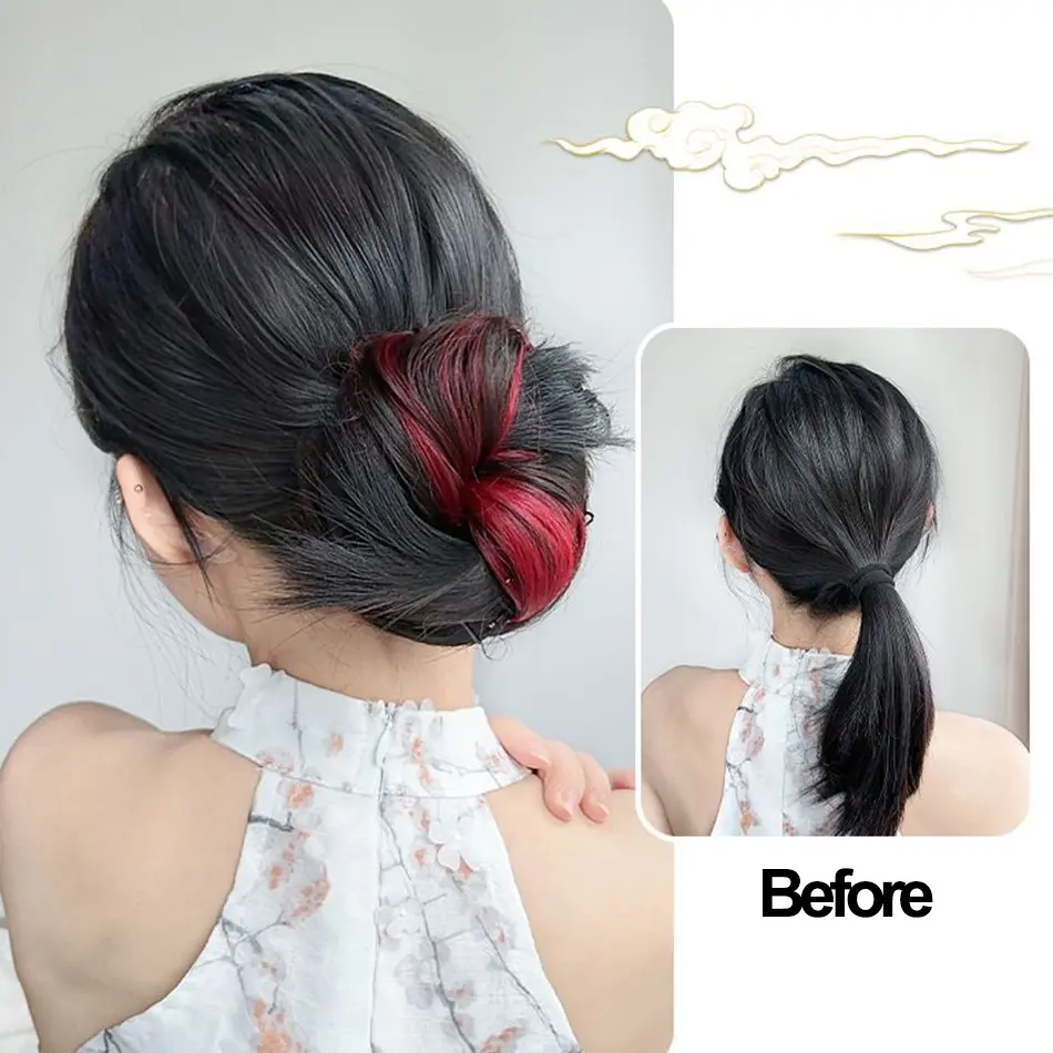 Highlight Synthetic Wavy Ponytail Hair Bundle Brown Black Self-winding Hair Bundle Extension Mixed Pink Natural Fluffy Hair Bun