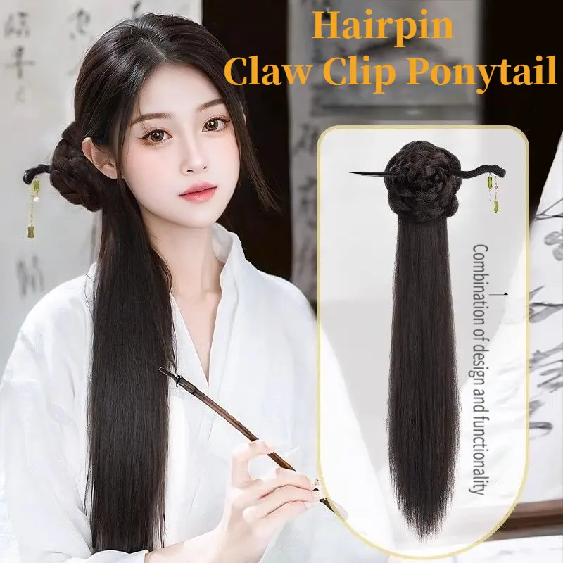 Hairpin Ponytail Hair Extensions 18Inch Wavy Claw Clip Ponytail Synthetic Hair Chinese Style Side Ponytail With Mini Claw Clips