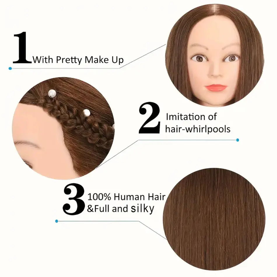 80% Real Human Hair Mannequin Head With Free Clamp Holder Perfect for Hair Training Styling Solon Hairdresser DIY Hair Head Sets