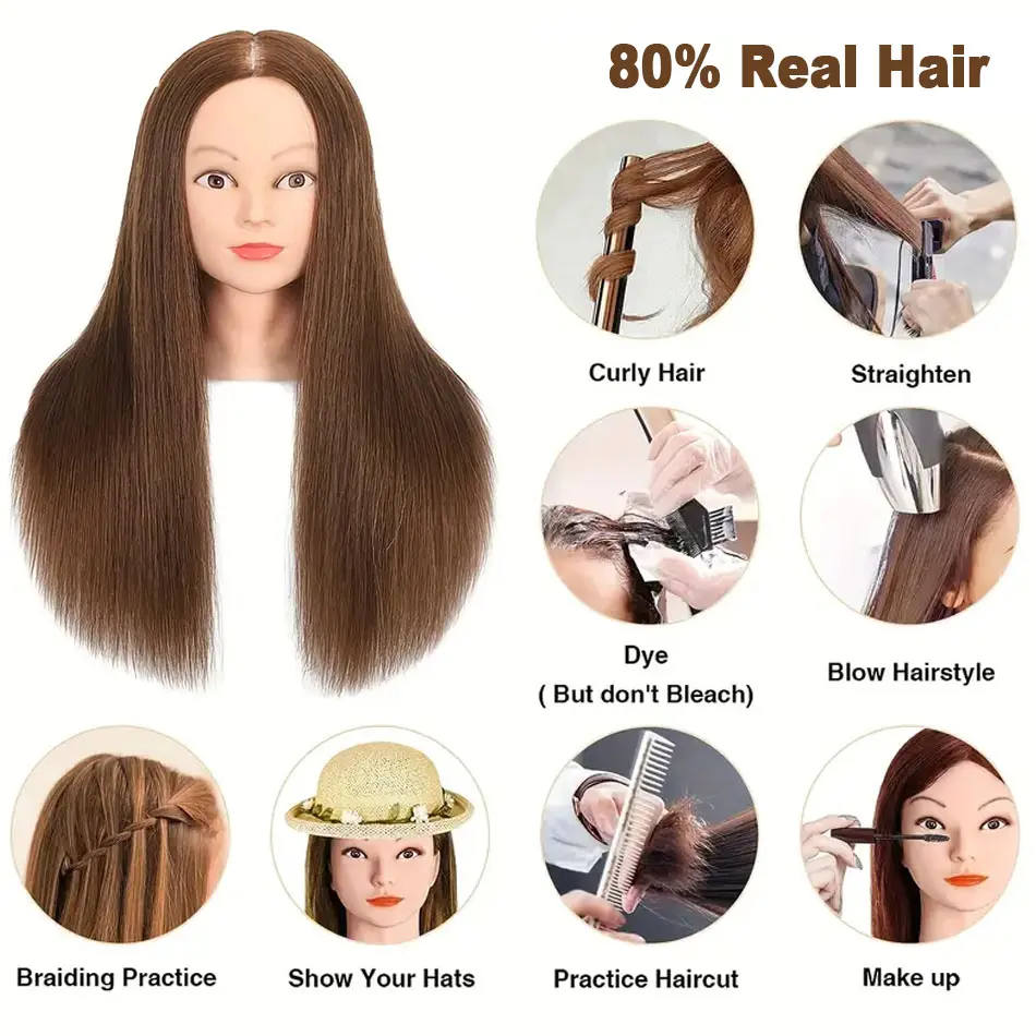 80% Real Human Hair Mannequin Head With Free Clamp Holder Perfect for Hair Training Styling Solon Hairdresser DIY Hair Head Sets