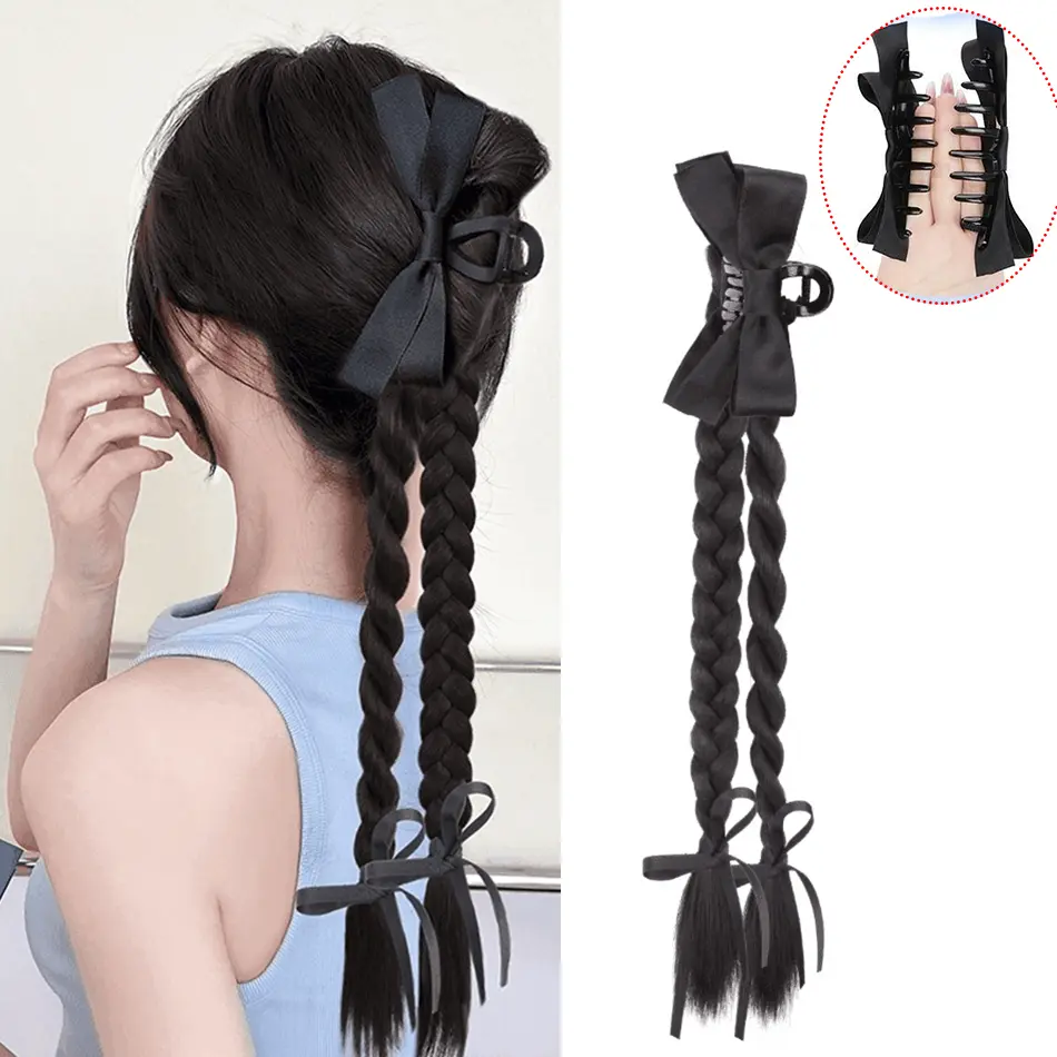 Synthetic Claw Clip Ponytail Braid With Butterfly Grip 18Inch Brown Black Twisted Braid Ponytail Claw Curly Hair Extension