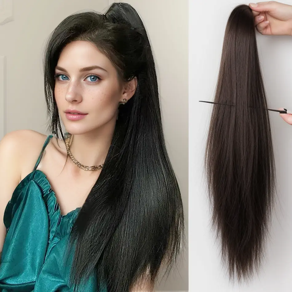 Straight Synthetic Clip Ponytail With Mini Claw Clip 22Inch High Ponytail Hairpiece Natural High Temperature Wire Wig Ponytail