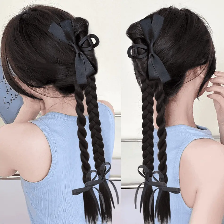 Synthetic Claw Clip Ponytail Braid With Butterfly Grip 18Inch Brown Black Twisted Braid Ponytail Claw Curly Hair Extension