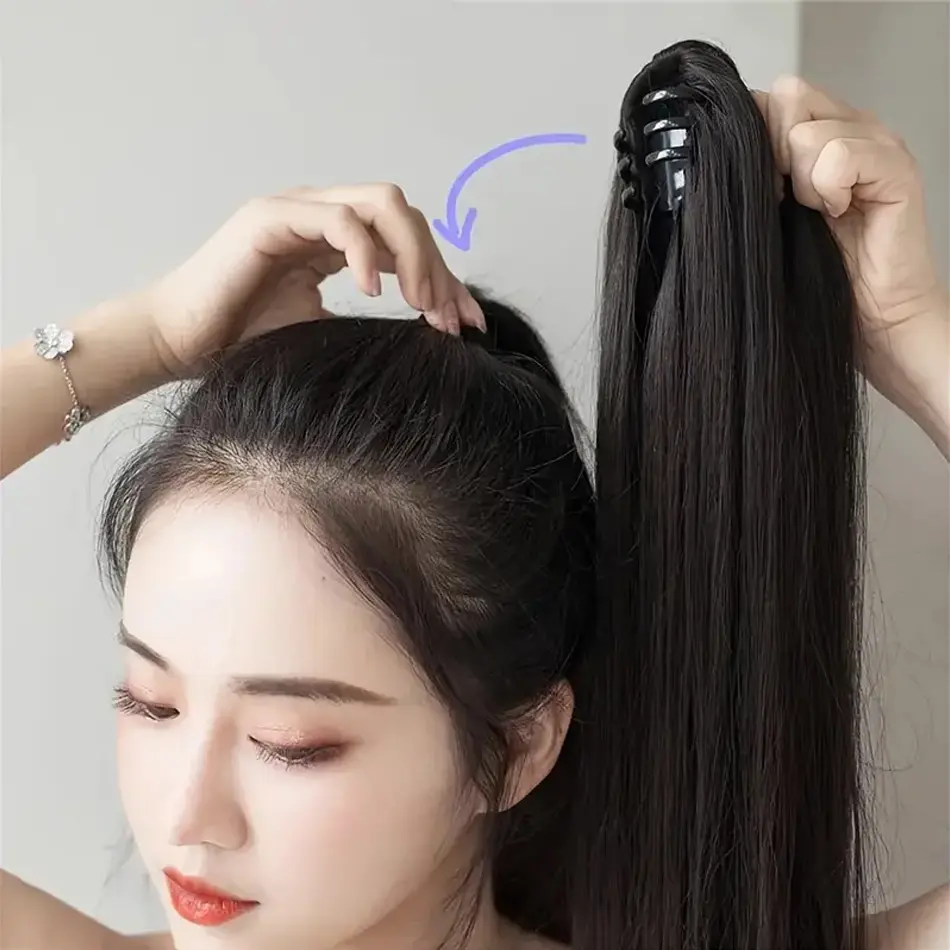 22Inches Long Straight Synthetic Claw Clip Ponytail Extension Brown Black Synthetic Ponytail Wig With Mini Claw Clip For Women