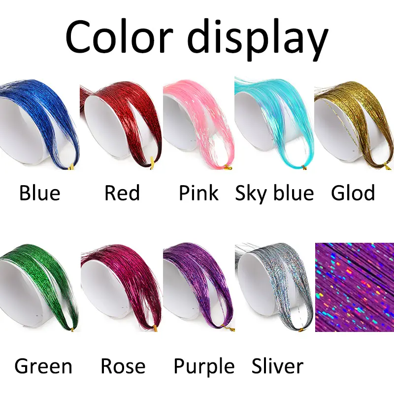 6Pcs 90cm Synthetic Shiny Threads Glitter Hair Tinsel Rainbow Strands Green Gold Hair Laser False Hair Extensions for Women