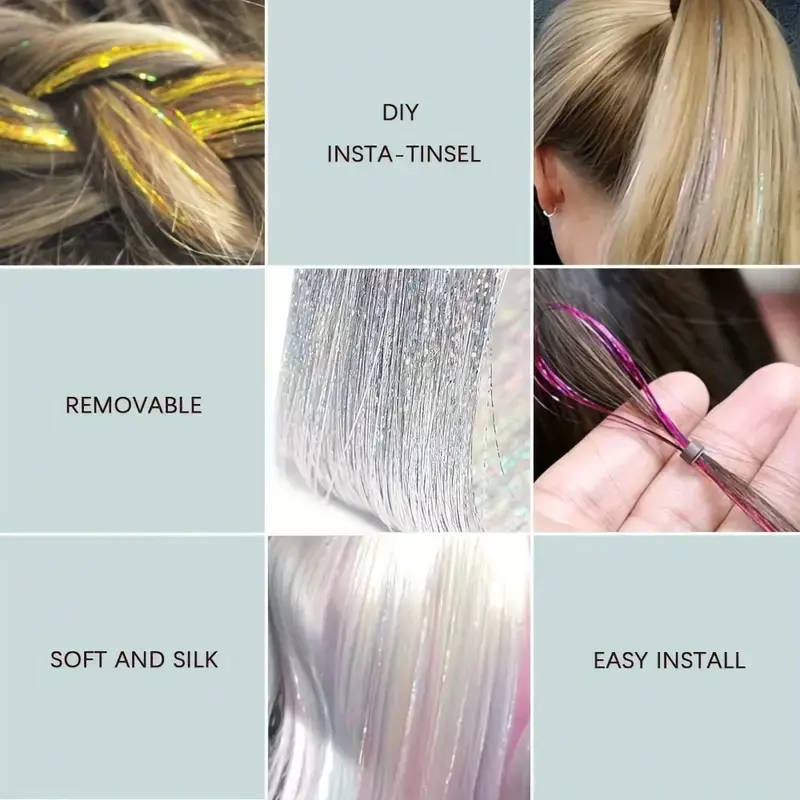 6Pcs 90cm Synthetic Shiny Threads Glitter Hair Tinsel Rainbow Strands Green Gold Hair Laser False Hair Extensions for Women