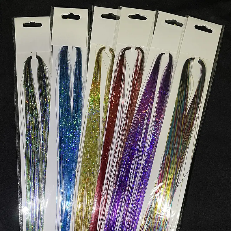 6Pcs 90cm Synthetic Shiny Threads Glitter Hair Tinsel Rainbow Strands Green Gold Hair Laser False Hair Extensions for Women