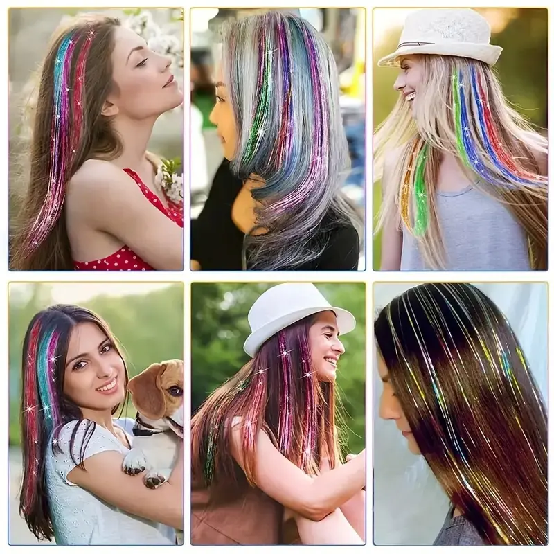 6Pcs 90cm Synthetic Shiny Threads Glitter Hair Tinsel Rainbow Strands Green Gold Hair Laser False Hair Extensions for Women