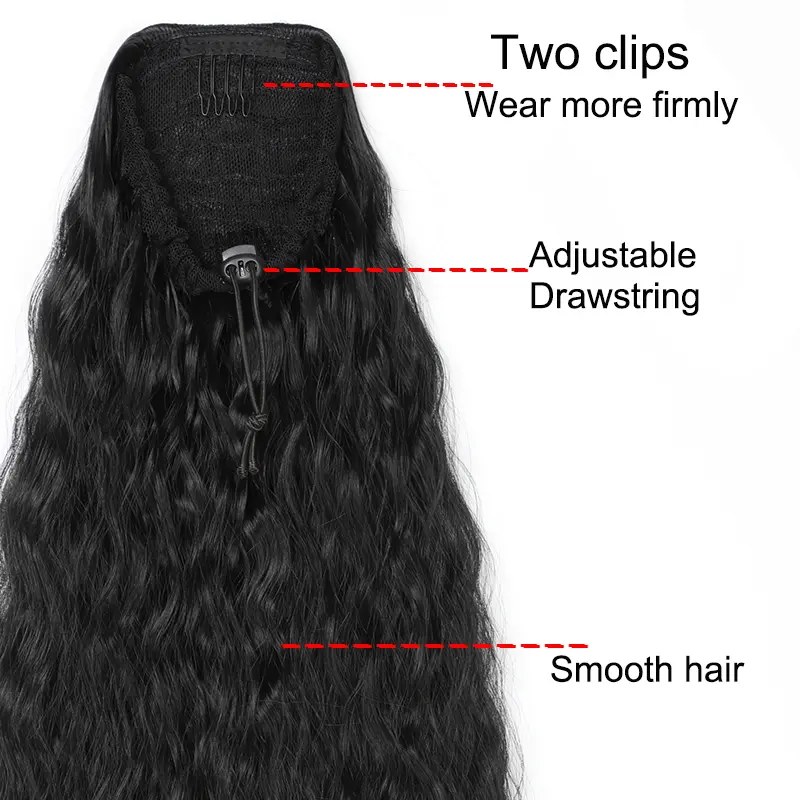 22Inch Synthetic Long Kinky Curly Ponytail Hair Extension Drawstring Clip in Hair Black Hairpiece for Women