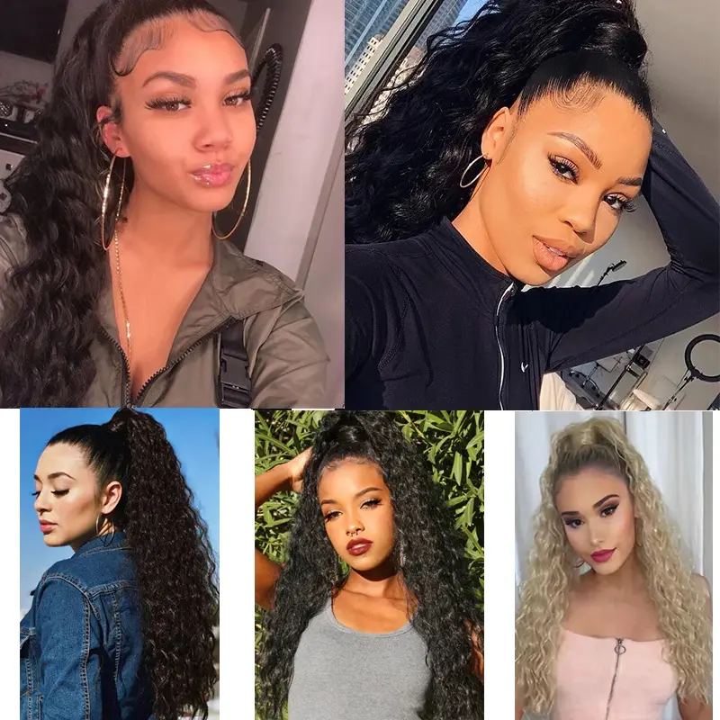 22Inch Synthetic Long Kinky Curly Ponytail Hair Extension Drawstring Clip in Hair Black Hairpiece for Women